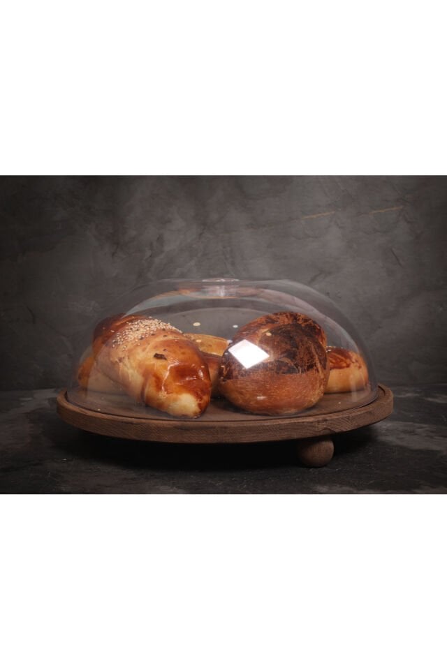 Ahşap Top Ayaklı Ahşap Stand Akrilik Kap Büyük Kek Fanus %100 Çam Ağacı (stand 31.5/kap 30cm)